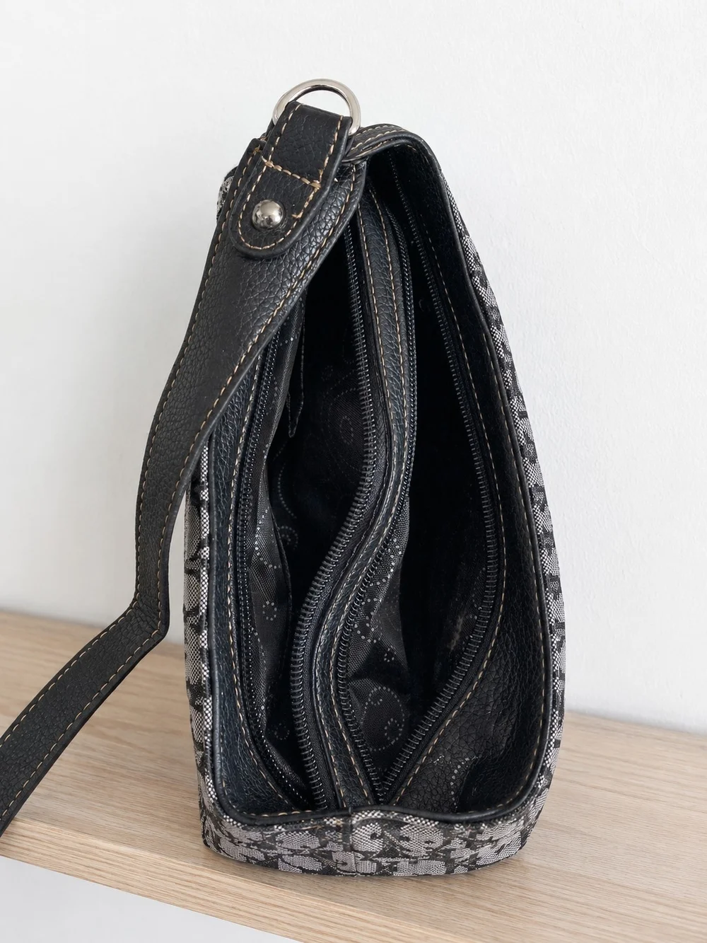 Black and Gray Logo Jacquard Shoulder Bag with Stud Embellishment